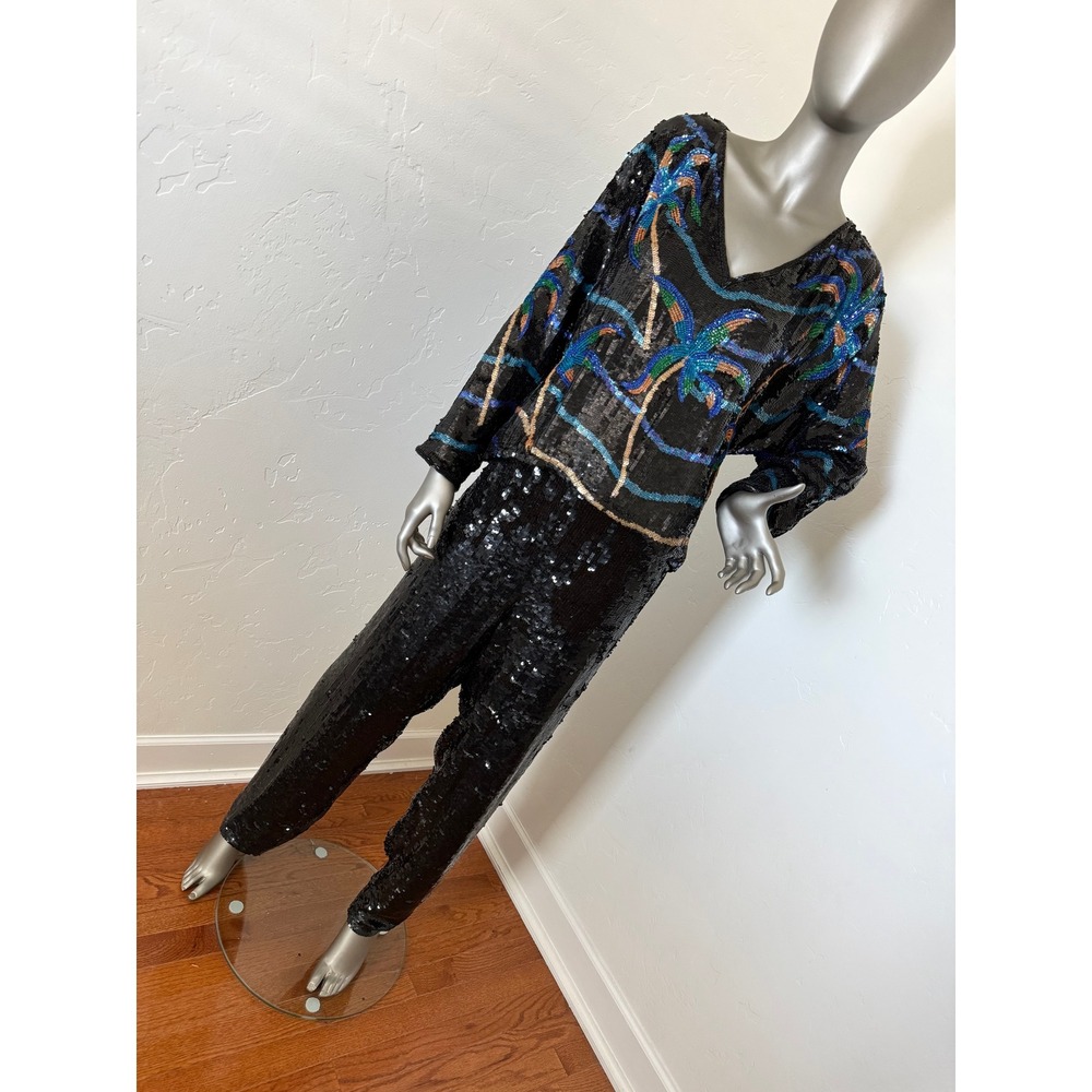 Vintage Swee Lo 100% Silk Sequin 2pc Set | 80s Palm Tree Party Outfit | M/L